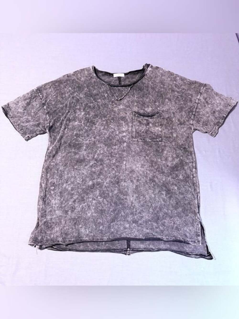 NWOT Zenana Acid Wash Short Sleeve Pocket Top Tee Ash Black Gray Distressed XL